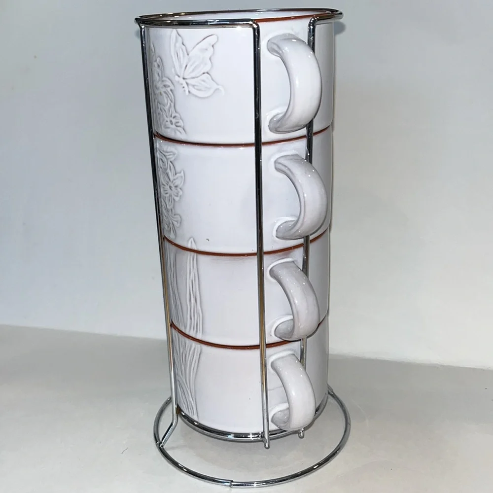 Pier 1 White Floral Embossed Glazed Terracotta Stacking Mugs with Stand